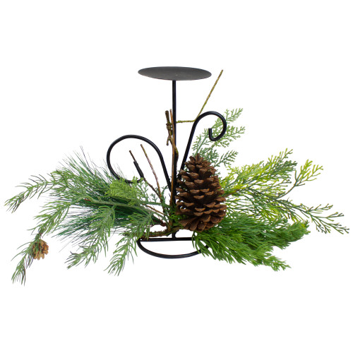 10" Green Artificial Sprigs and Pine Cone Christmas Candle Holder